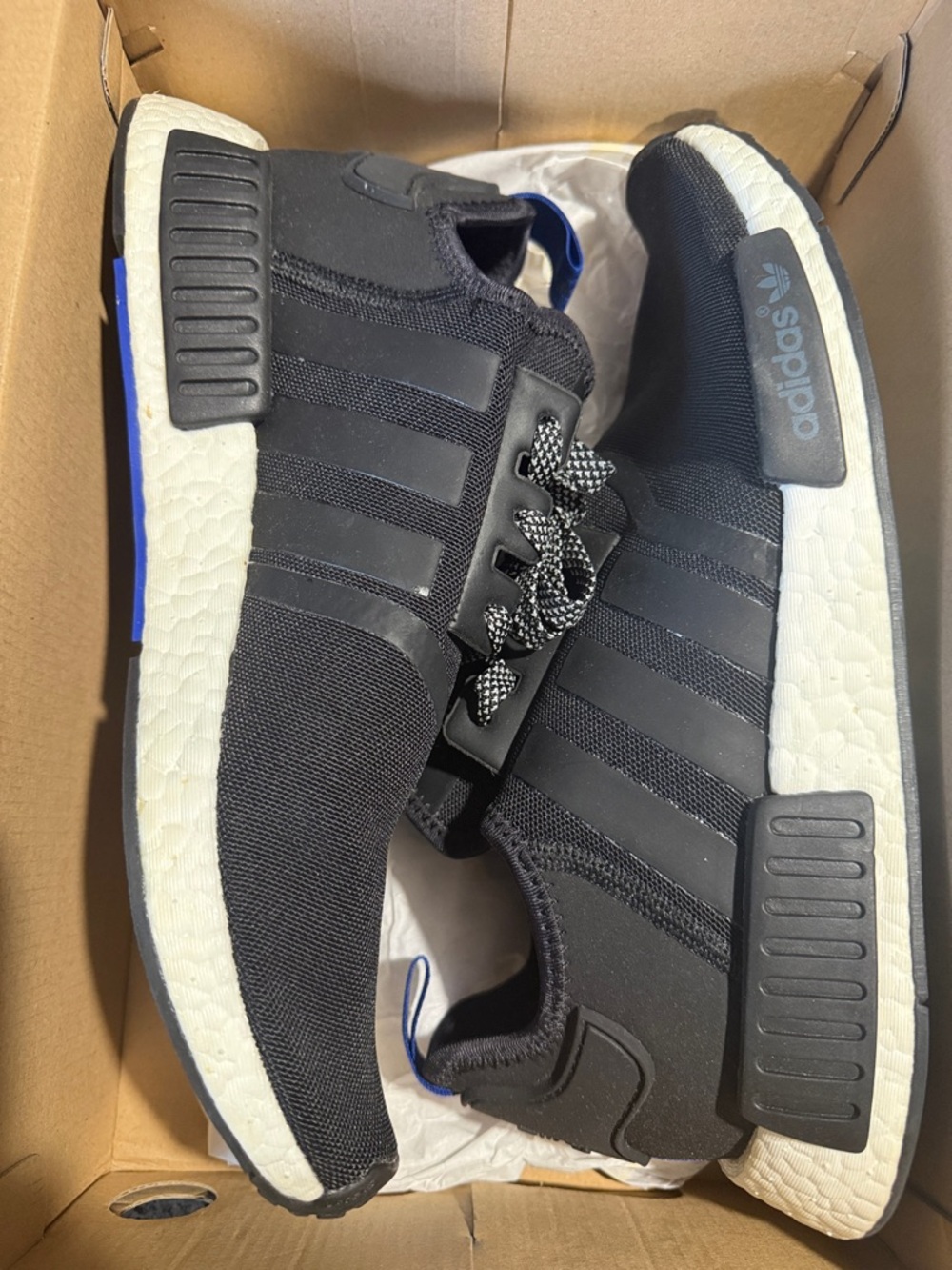 adidas Black White NMD R1 “R1 Blue Tab” with Blue Accents